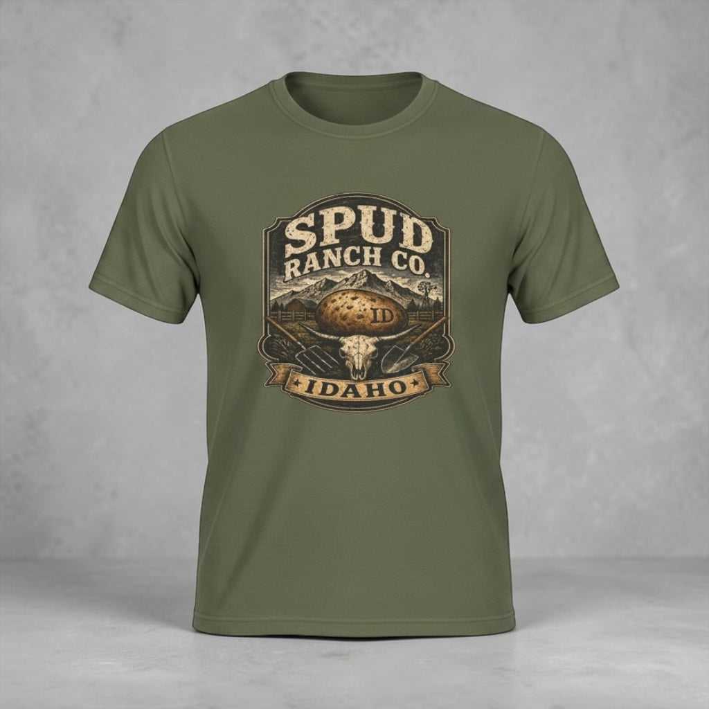 Navy T-shirt with Idaho vintage potato farm logo and rustic design