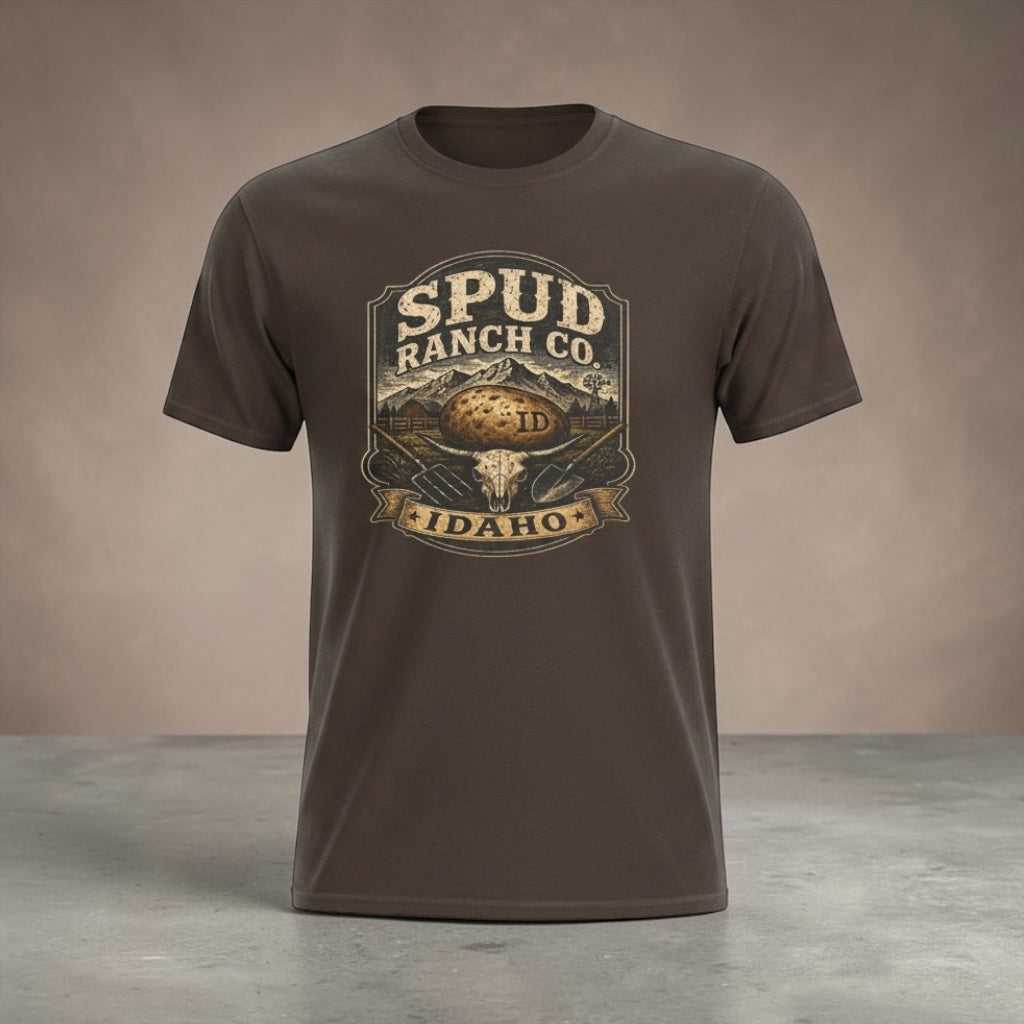 Green T-shirt with Idaho vintage potato farm logo and rustic design