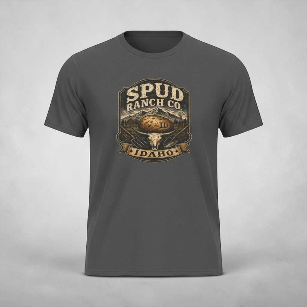 Gray T-shirt with Idaho vintage potato farm logo and rustic design