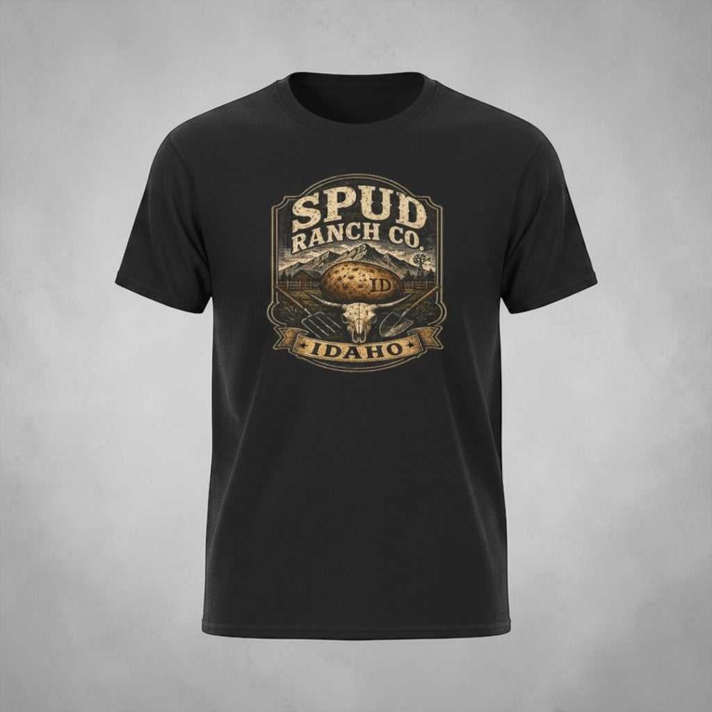 Black T-shirt with Idaho vintage potato farm logo and rustic design