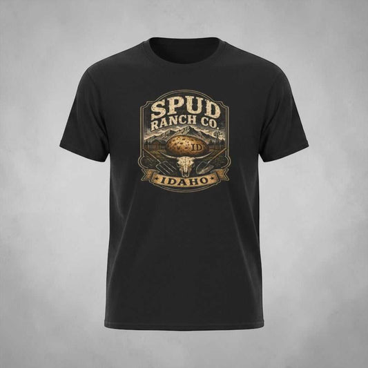 Black T-shirt with Idaho vintage potato farm logo and rustic design