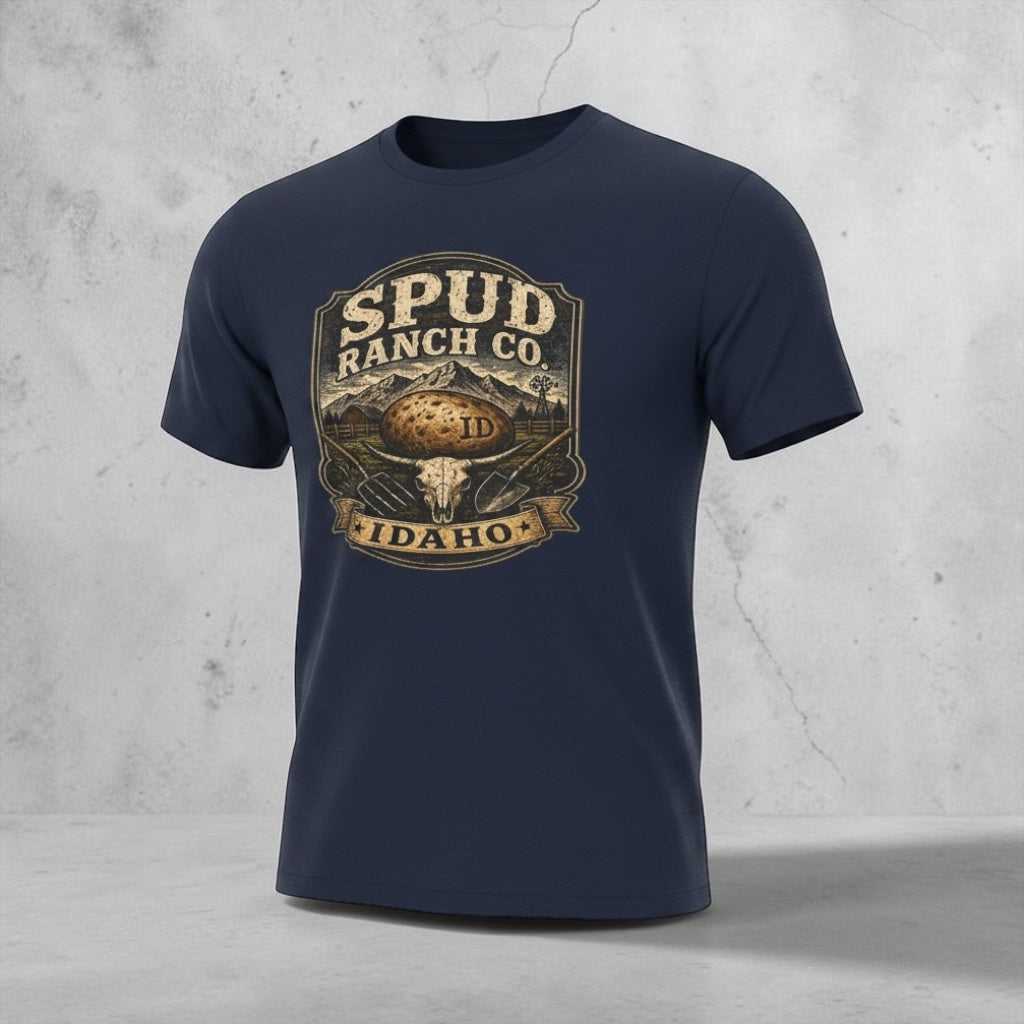 Big Sky Ranch Co. Idaho vintage potato farm T-shirt featuring rustic farm scene and retro design, casual cotton tee.