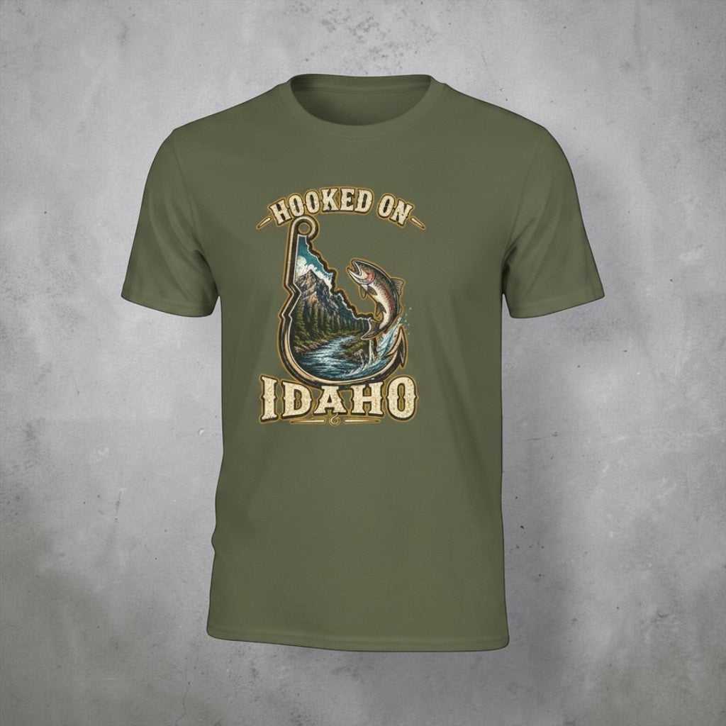 Navy blue vintage trout fishing T-shirt with Idaho fishing illustration
