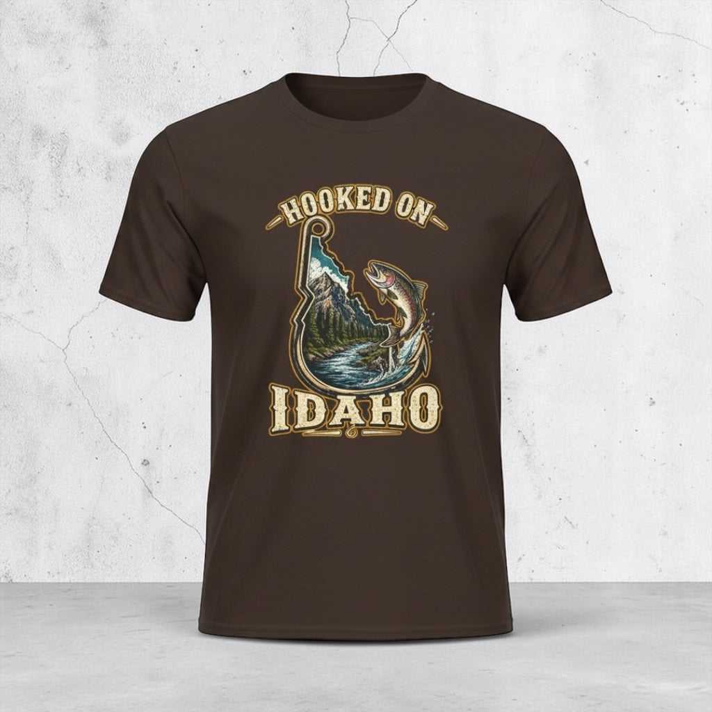 Olive green vintage trout fishing T-shirt with Idaho fishing graphic