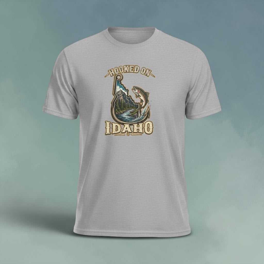 Hooked on Idaho fishing T-shirt with vintage trout and mountain stream design