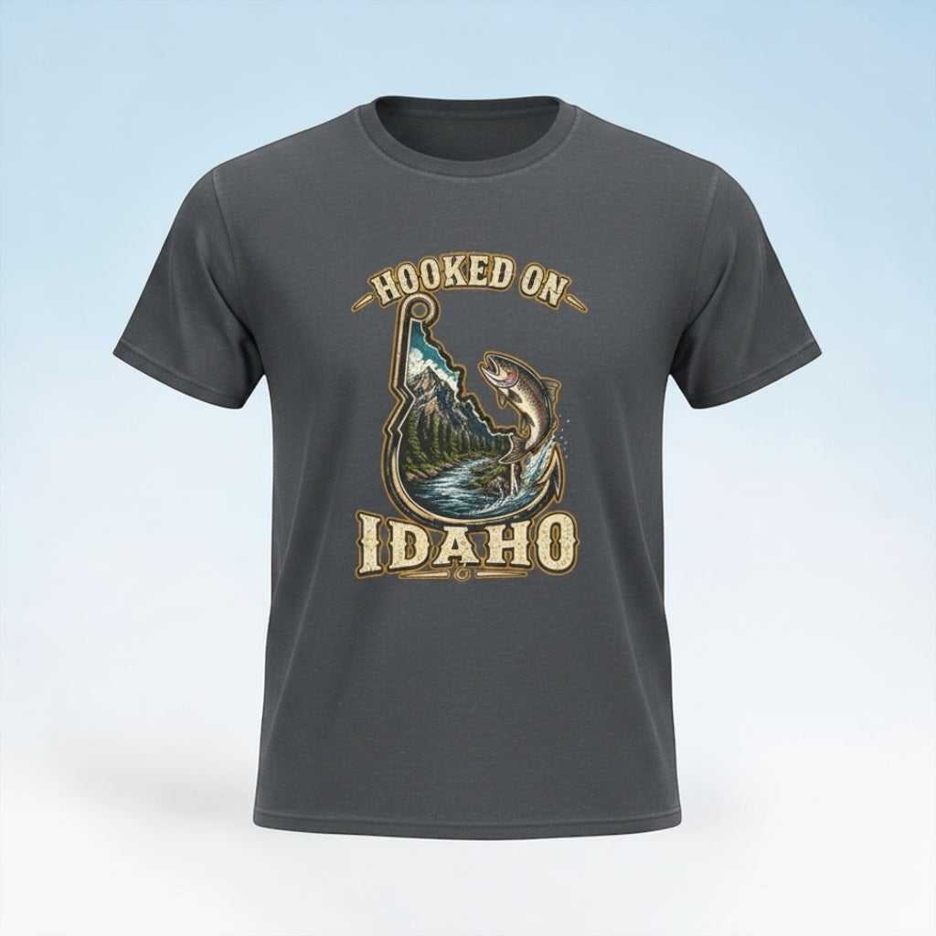 Gray vintage trout fishing T-shirt with Idaho fishing artwork