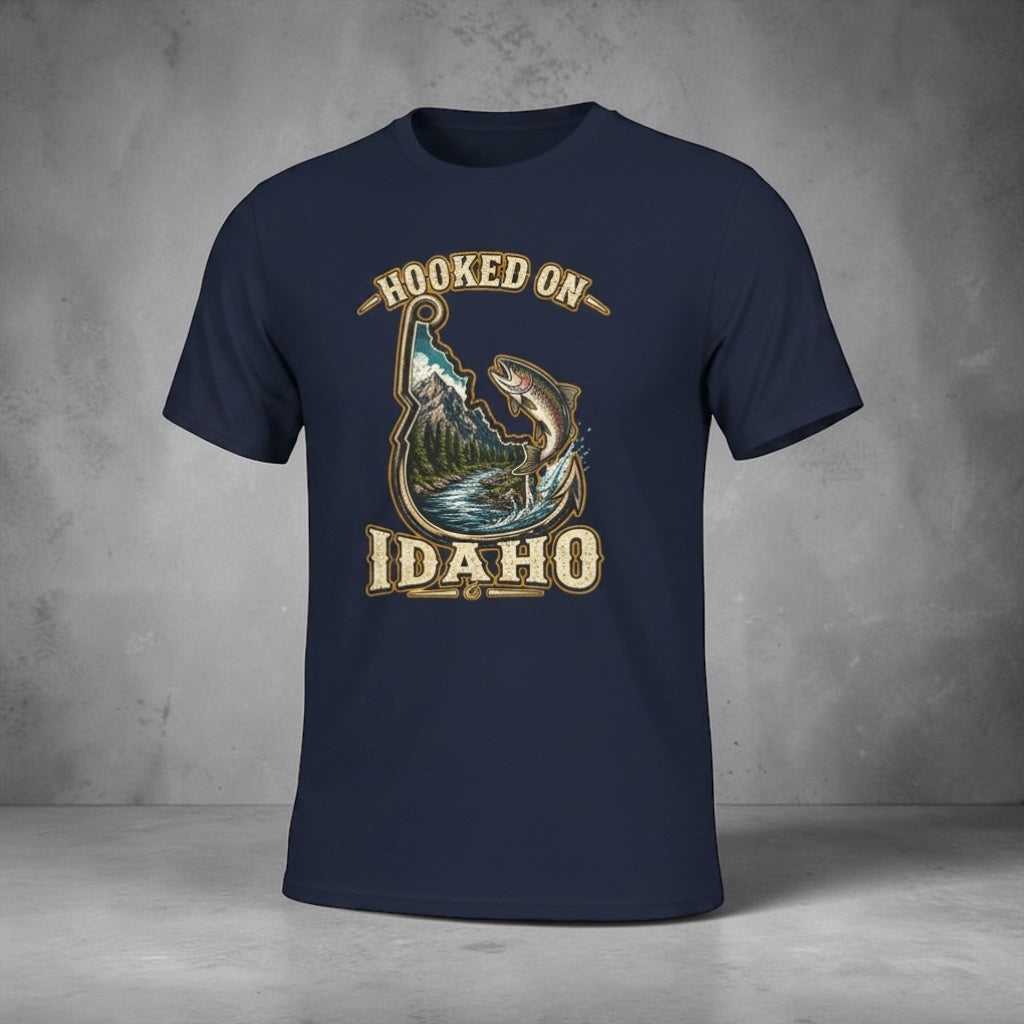 Vintage trout angler T-shirt from Big Sky Ranch Co. featuring a fishing hook and Idaho trout design on soft cotton fabric.