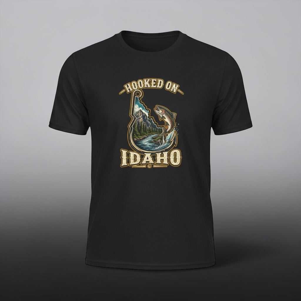 Black vintage trout fishing T-shirt with Idaho fishing design