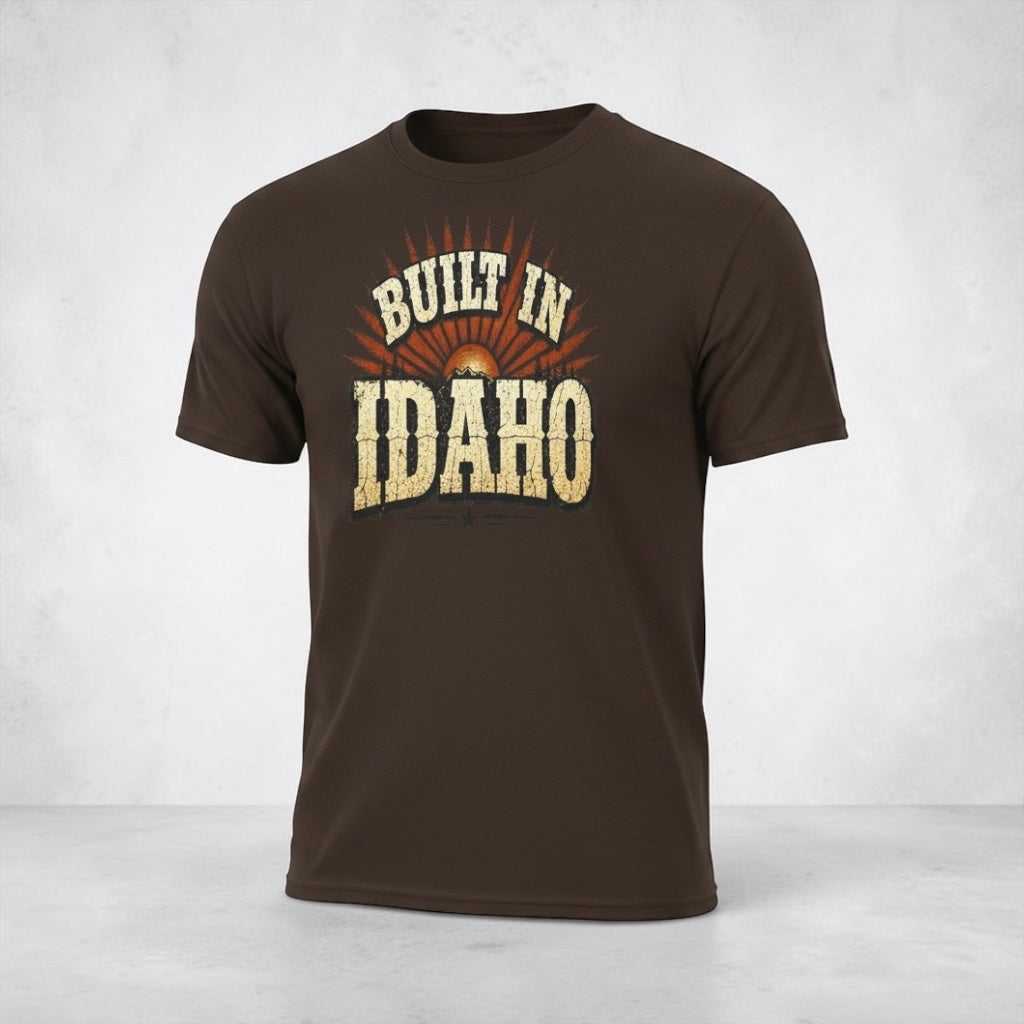 Vintage Idaho Pride T-shirt by Big Sky Ranch Co., featuring a sunrise design celebrating Idaho's scenic beauty.