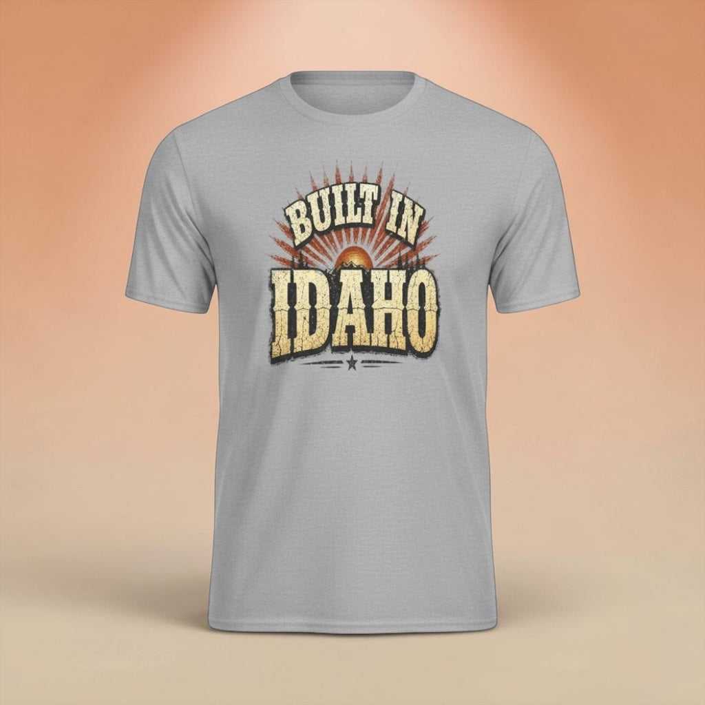 Vintage Idaho Pride T-Shirt by Big Sky Ranch Co. featuring a sunrise design, showcasing Idaho pride and wildlife.