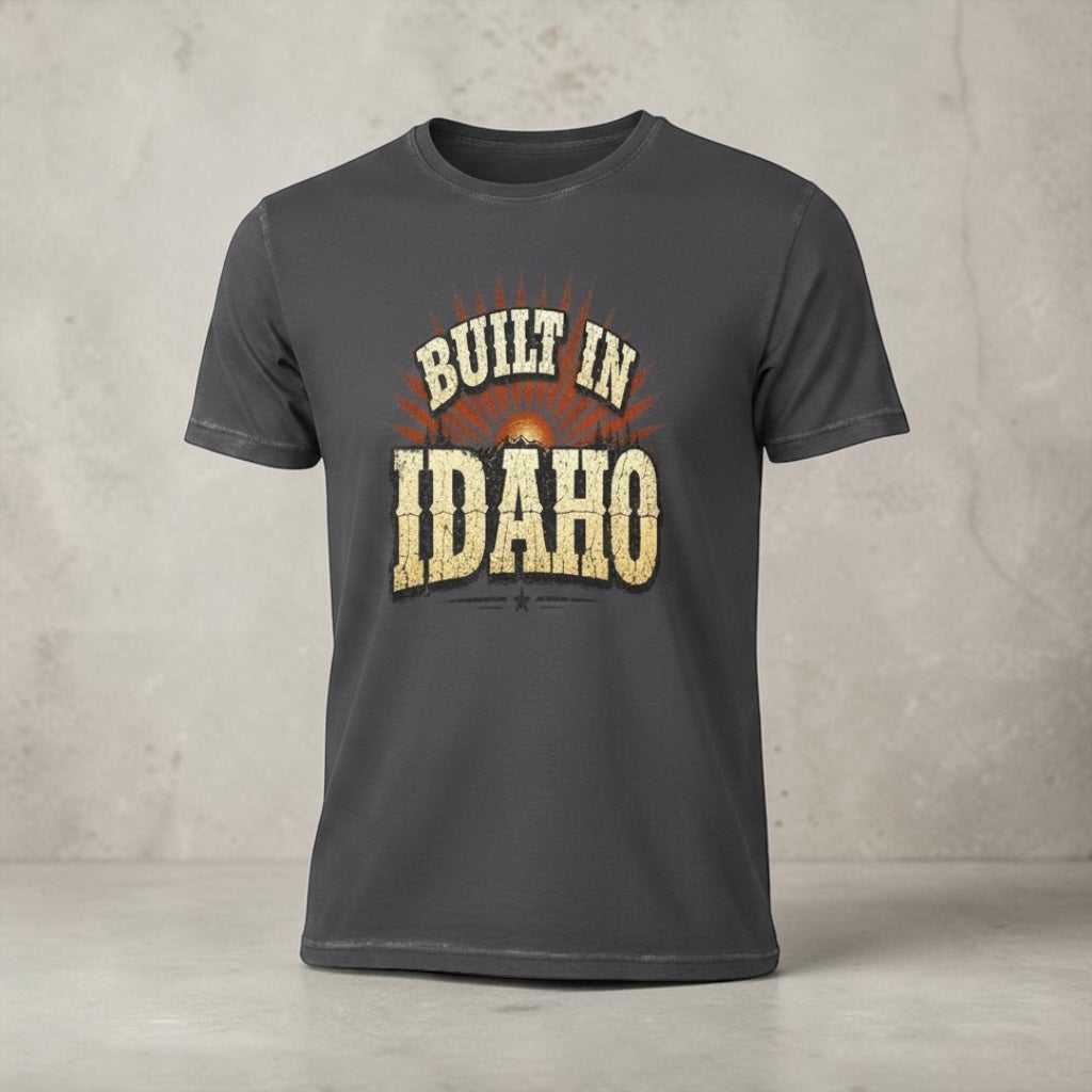 Vintage Idaho Pride T-shirt by Big Sky Ranch Co. featuring a sunrise design, showcasing Idaho scenery on a comfortable tee.