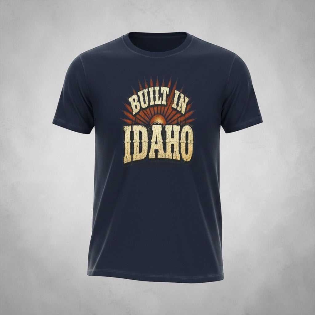 Vintage sunrise Idaho pride T-shirt by Big Sky Ranch Co., featuring Idaho state outline and scenic design.