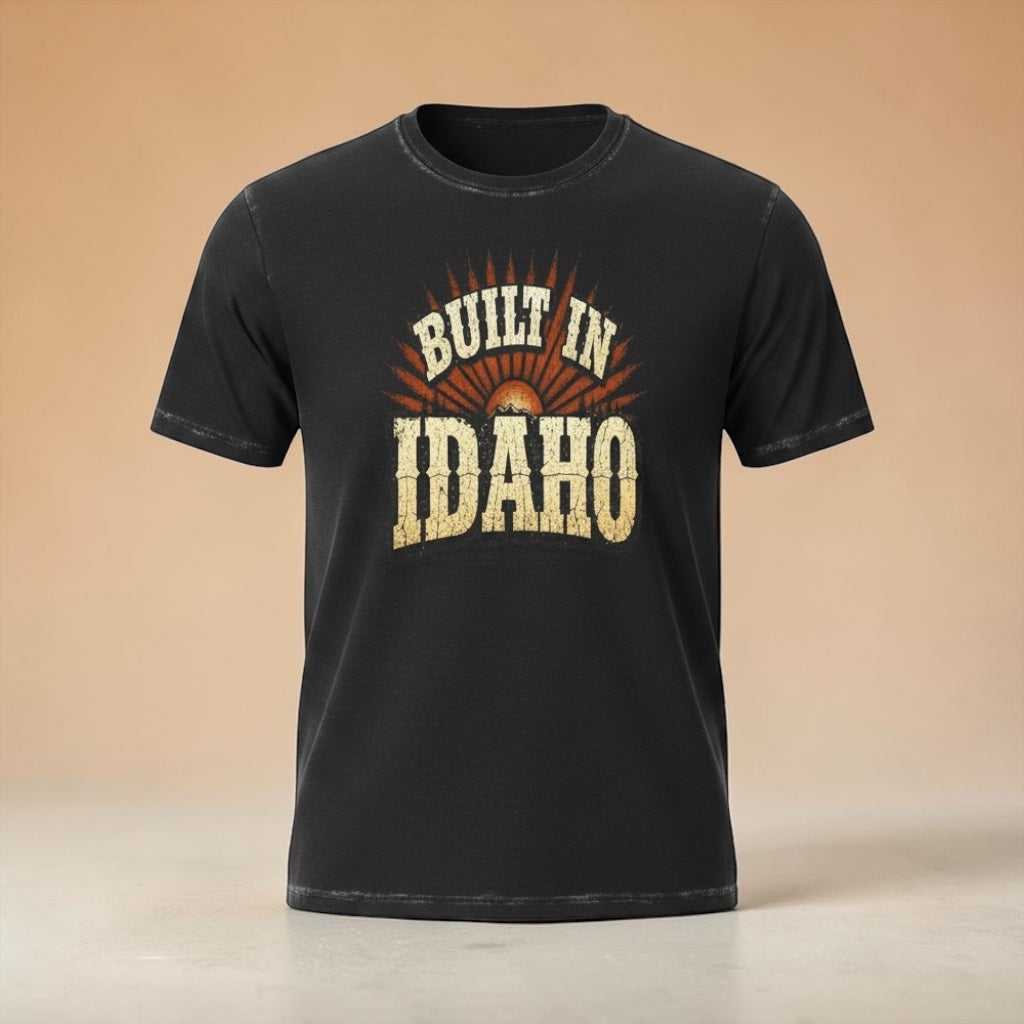 Vintage Idaho Pride T-Shirt by Big Sky Ranch Co., featuring a sunrise design and Idaho-themed graphics on a comfortable cotton tee.