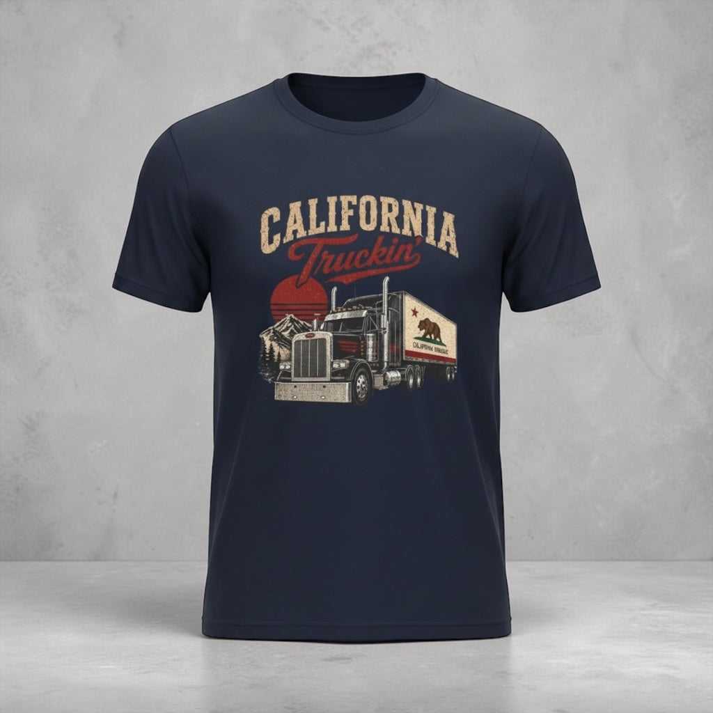 Vintage California Truckin' Tee by Big Sky Ranch Co. featuring a semi truck graphic on a casual T-shirt.