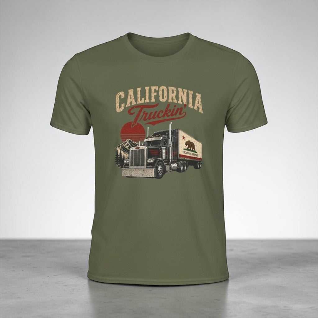 Big Sky Ranch Co. California Truckin' T-shirt with vintage semi-truck graphic, casual graphic tee for truck enthusiasts.