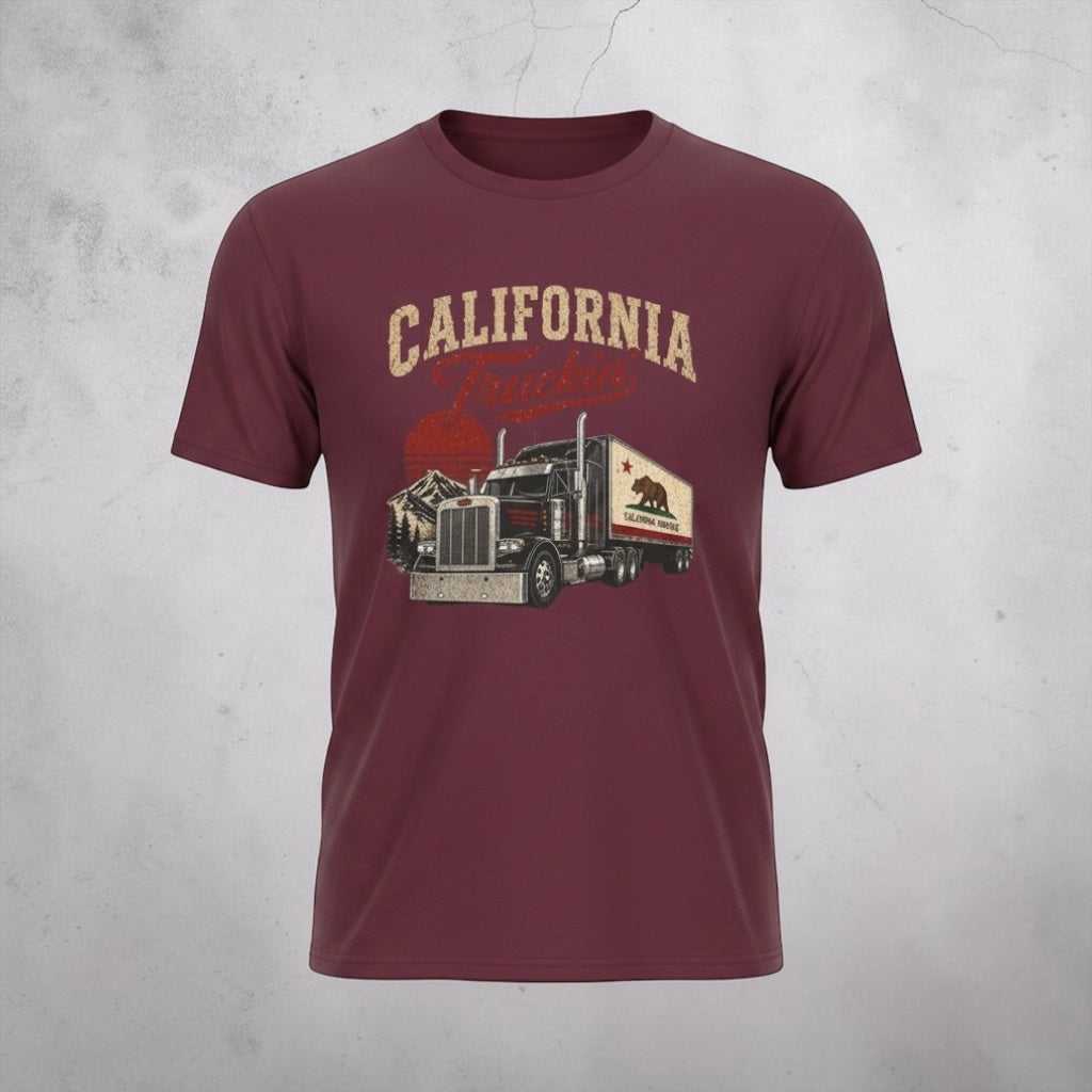 Vintage California Truckin' Tee by Big Sky Ranch Co. featuring a graphic of a semi truck on a classic T-shirt.