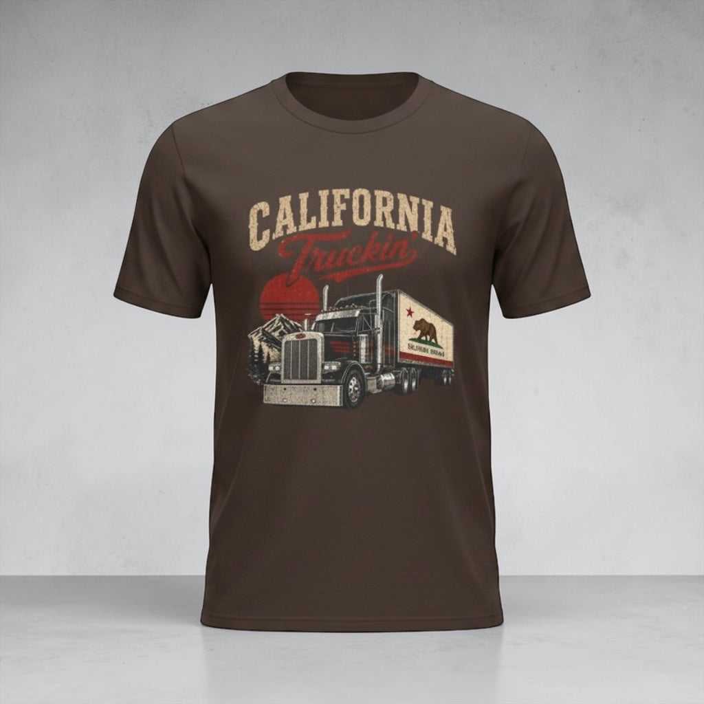 Vintage California Truckin' Tee by Big Sky Ranch Co. featuring a classic semi truck graphic on a casual T-shirt.