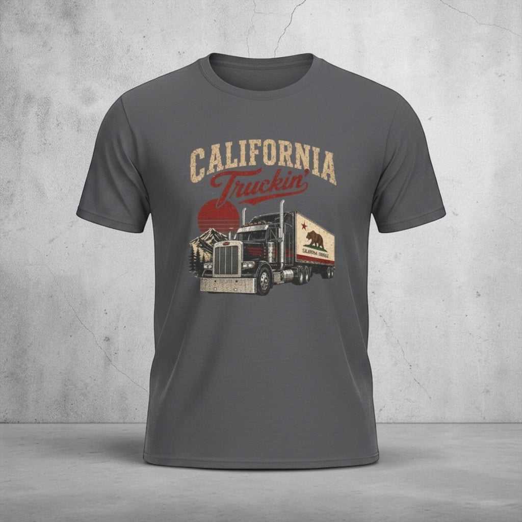Vintage California Truckin' T-shirt by Big Sky Ranch Co. featuring a semi truck graphic on a casual tee.