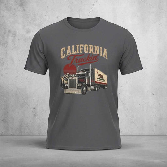 Vintage California Truckin' T-shirt by Big Sky Ranch Co. featuring a semi truck graphic on a casual tee.