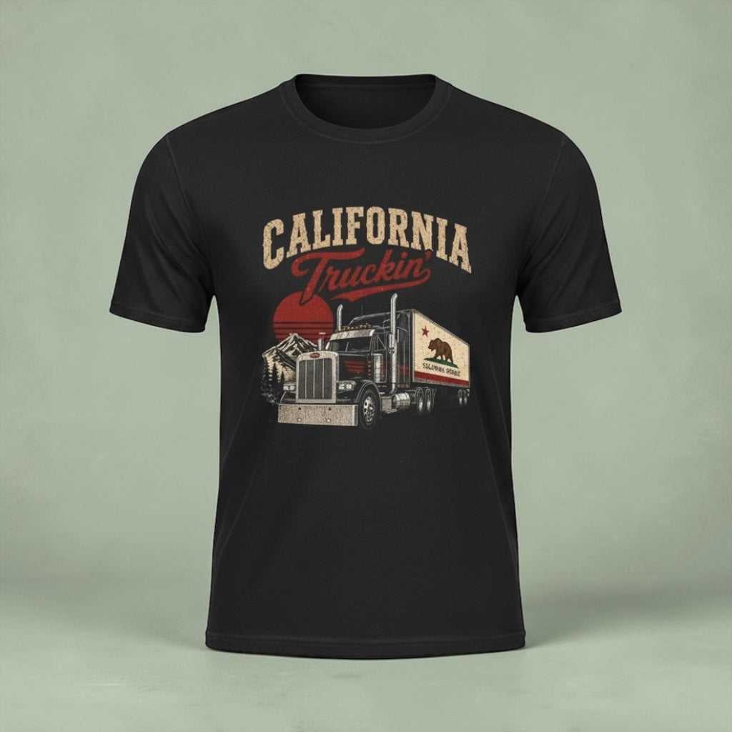Vintage California Truckin' Tee featuring a semi truck graphic from Big Sky Ranch Co., casual T-shirt with retro truck design.