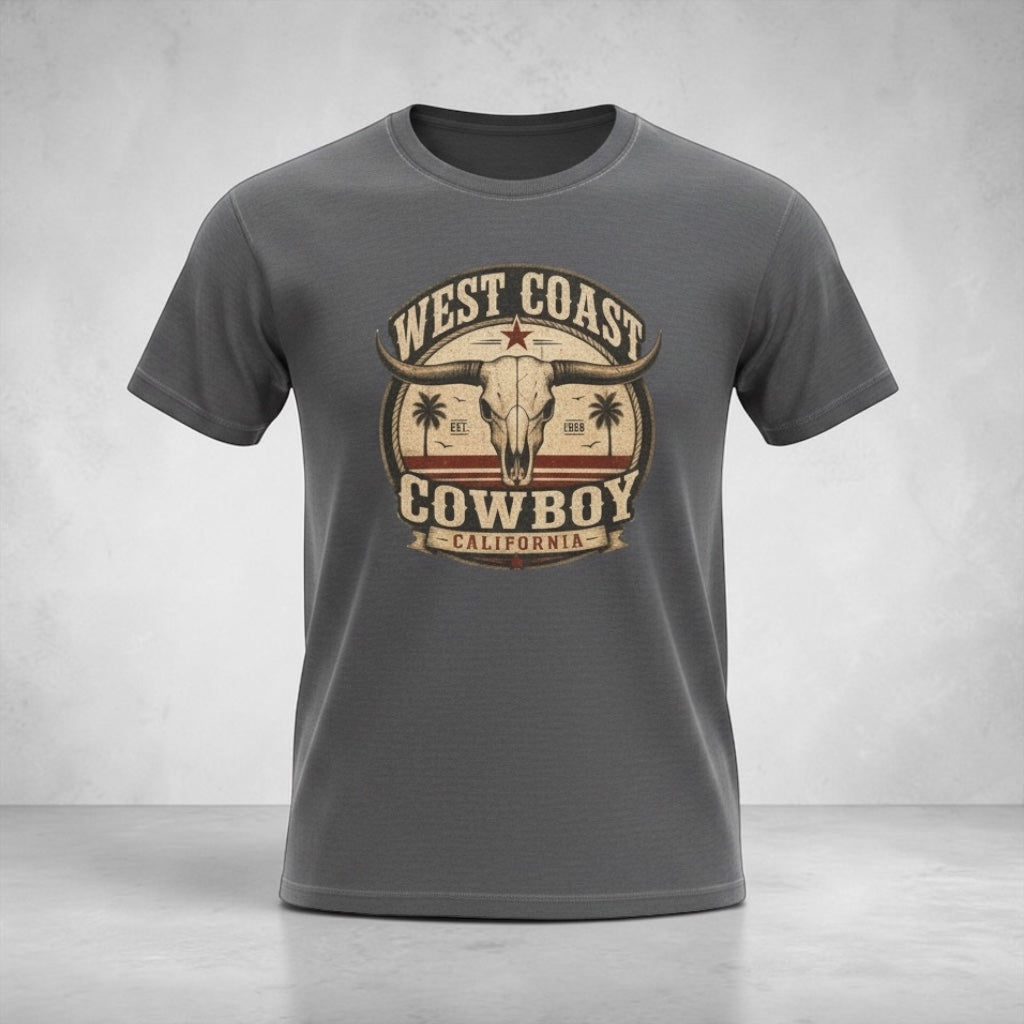 Vintage California Skull graphic T-shirt by Big Sky Ranch Co., featuring a West Coast cowboy design and rugged style.