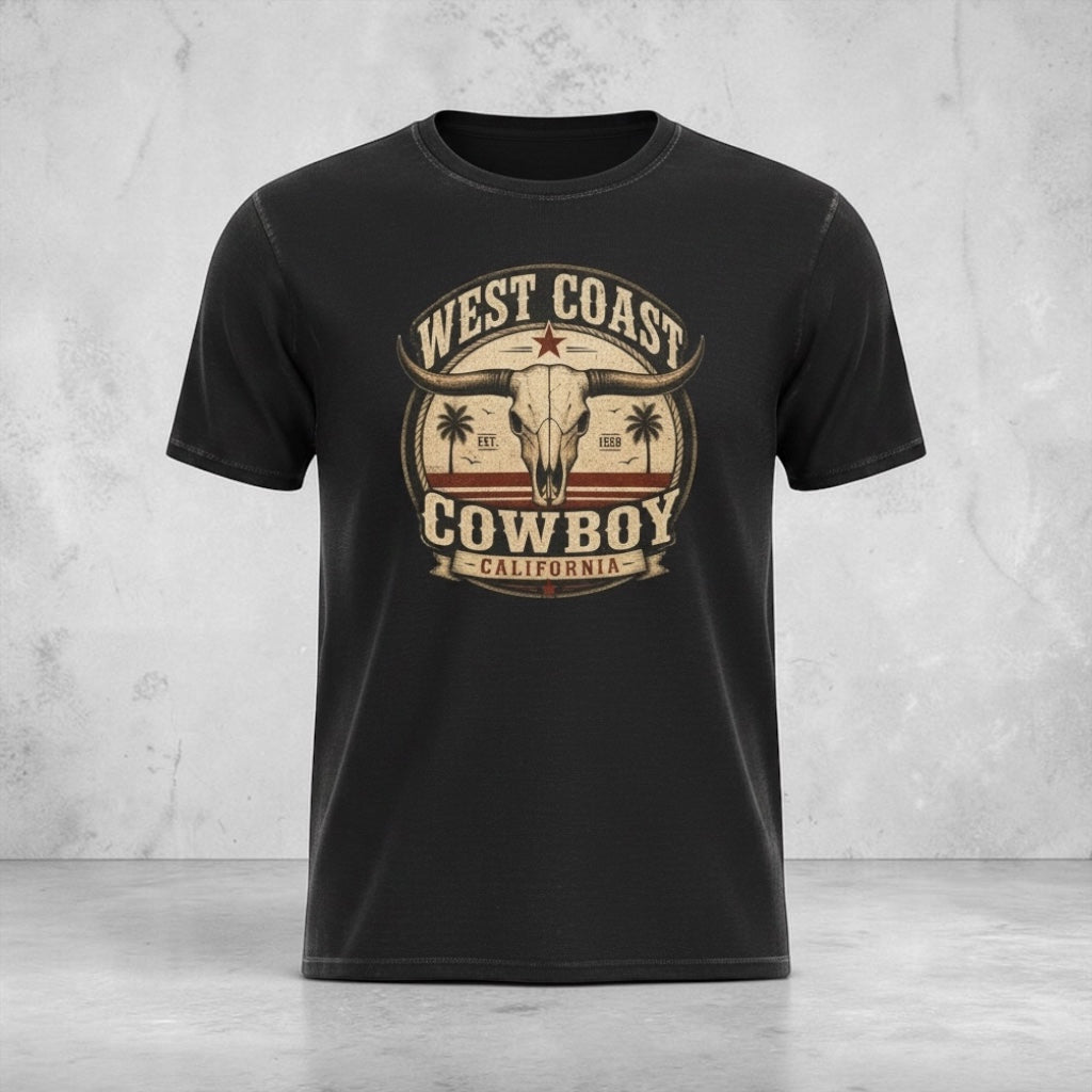 Big Sky Ranch Co. West Coast Cowboy T-Shirt with vintage California skull graphic, casual cotton tee for Western-inspired style.