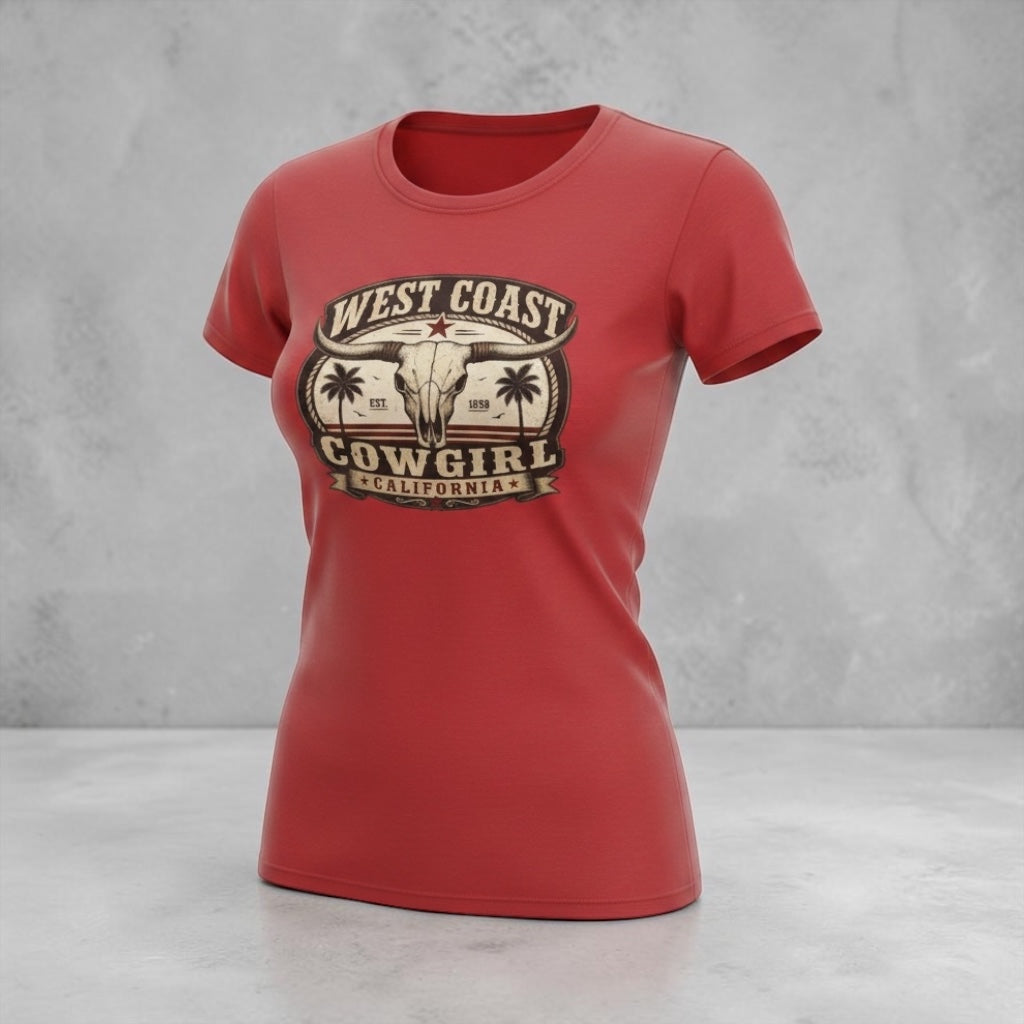 West Coast Cowgirl T-Shirt by Big Sky Ranch Co. featuring vintage palm and bull skull graphic on a casual cotton tee.