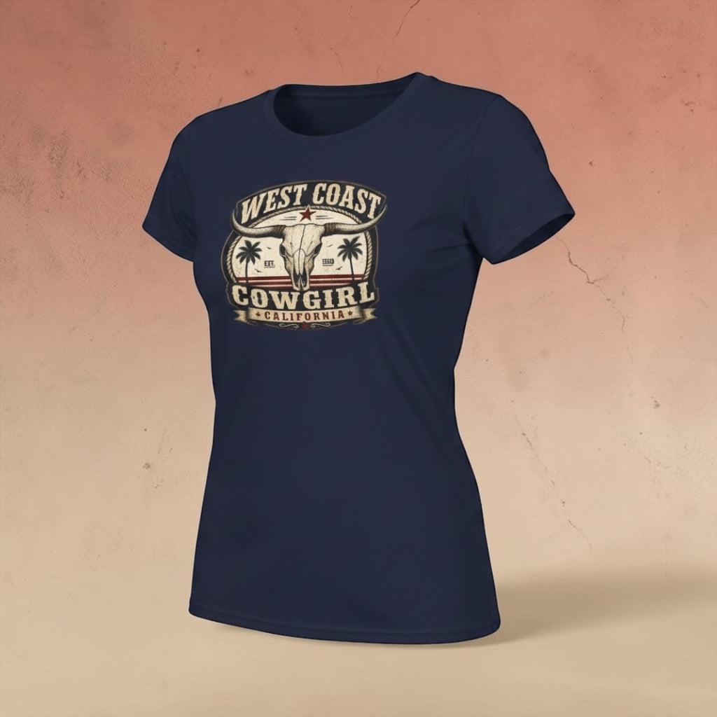 Big Sky Ranch Co. West Coast Cowgirl T-Shirt with vintage palm and bull skull graphic, casual western style.