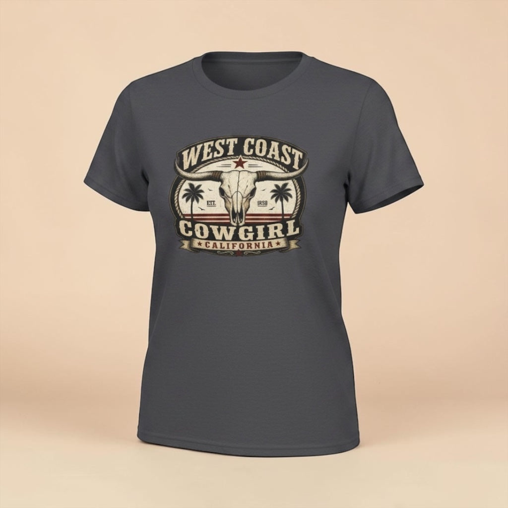 Big Sky Ranch Co. West Coast Cowgirl T-shirt featuring vintage palm and bull skull graphic on soft cotton fabric.