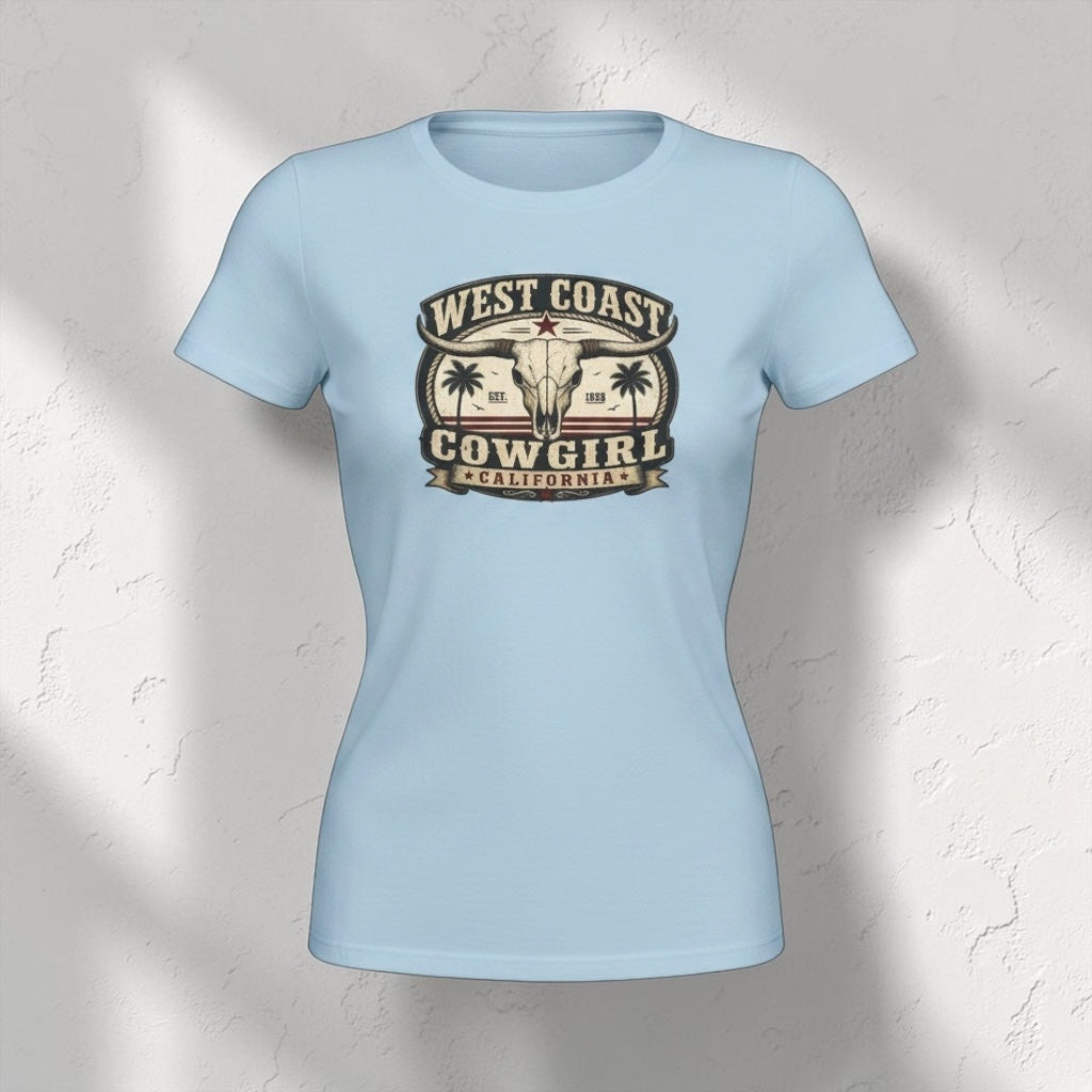 Big Sky Ranch Co. West Coast Cowgirl Tee featuring vintage palm trees and bull skull graphic on a casual T-shirt.