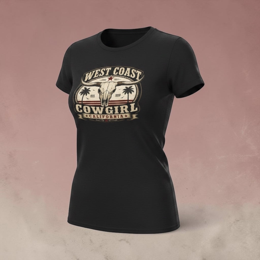 Big Sky Ranch Co. West Coast Cowgirl T-Shirt with vintage palm and bull skull graphic, casual western-style graphic tee.