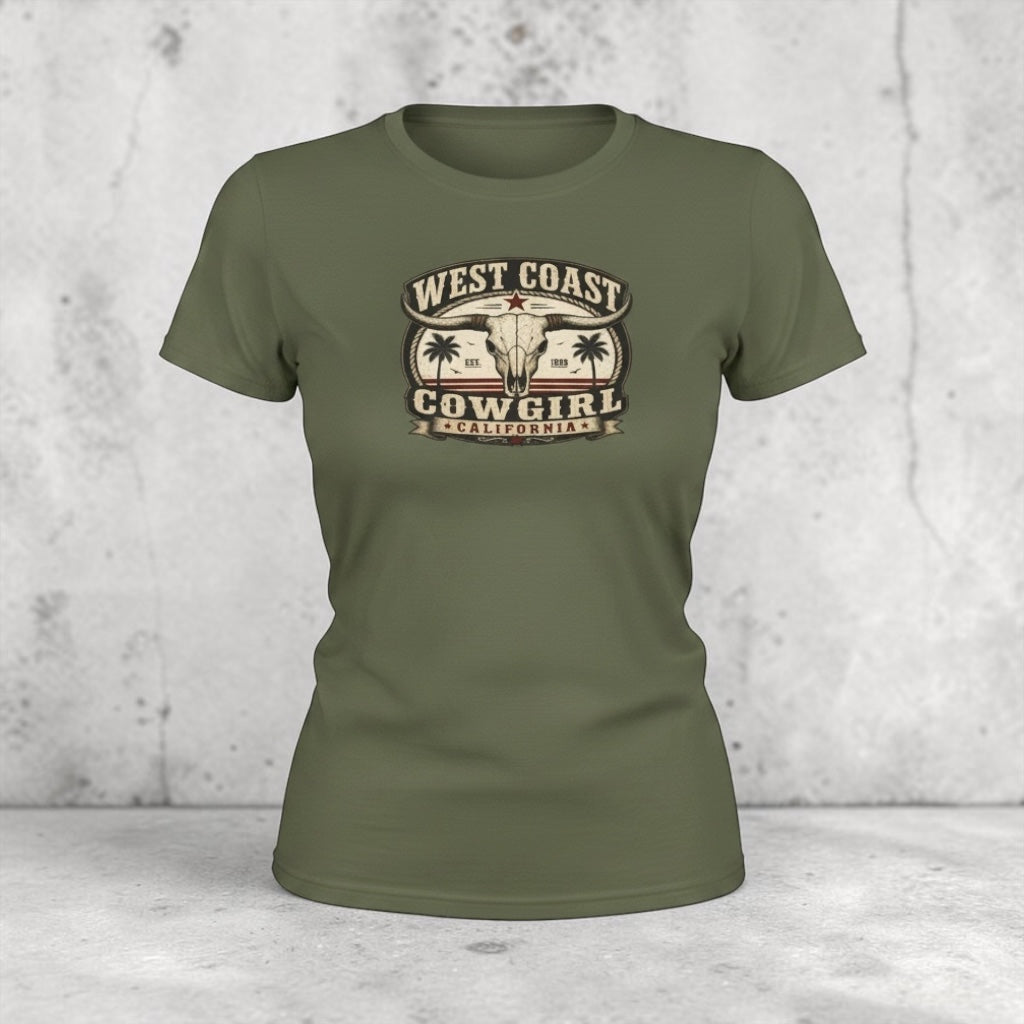 Big Sky Ranch Co. West Coast Cowgirl T-Shirt with vintage palm and bull skull graphic, casual western style.
