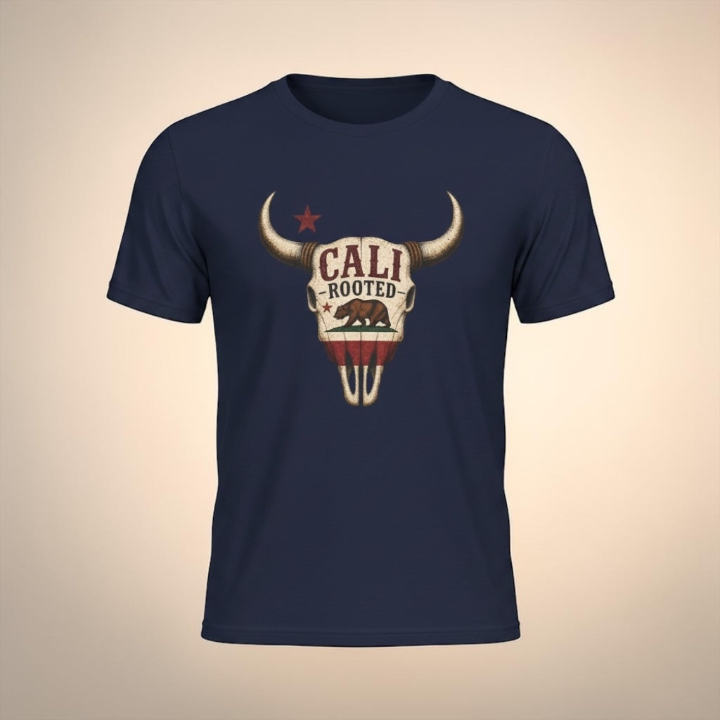 Unisex Cali Rooted Bull Skull T-Shirt by Big Sky Ranch Co., vintage California western graphic on soft fabric.