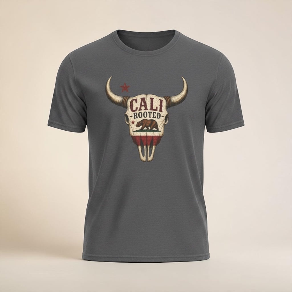 Unisex Cali Rooted Bull Skull T-Shirt by Big Sky Ranch Co. featuring vintage California western design on soft fabric.