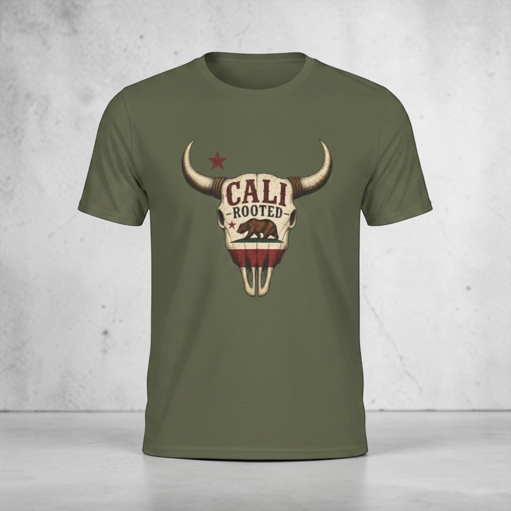 Unisex Cali Rooted Bull Skull T-Shirt by Big Sky Ranch Co. featuring vintage California western design and bold bull skull graphic.