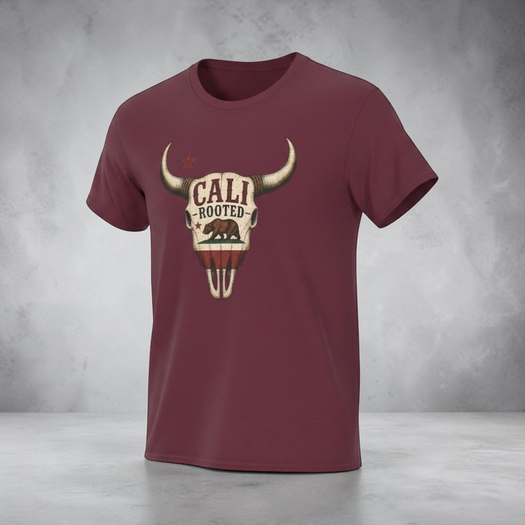 Unisex Cali Rooted Bull Skull vintage Western T-shirt by Big Sky Ranch Co., featuring a bold bull skull graphic on soft fabric.