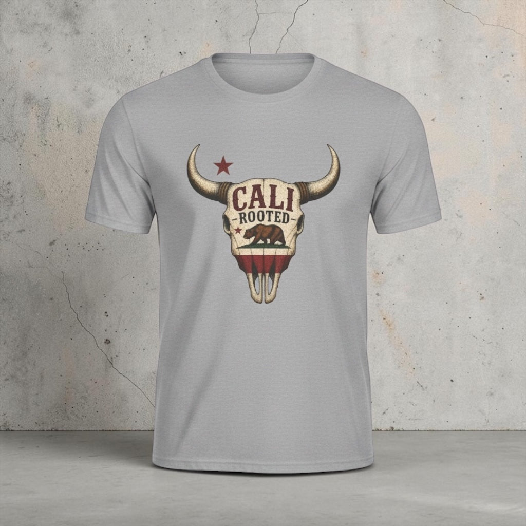 Unisex Cali Rooted Bull Skull T-Shirt by Big Sky Ranch Co., vintage California Western style, with bold bull skull graphic.