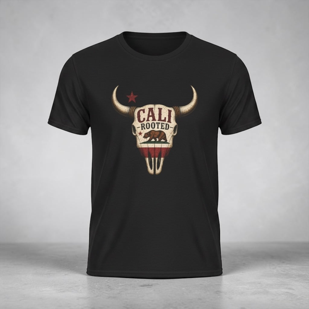 Unisex Cali Rooted Bull Skull T-Shirt by Big Sky Ranch Co. featuring vintage California western design and bold graphic.