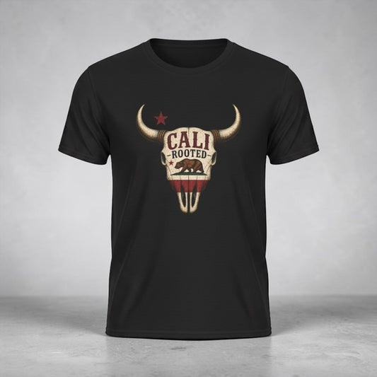 Unisex Cali Rooted Bull Skull T-Shirt by Big Sky Ranch Co. featuring vintage California western design and bold graphic.