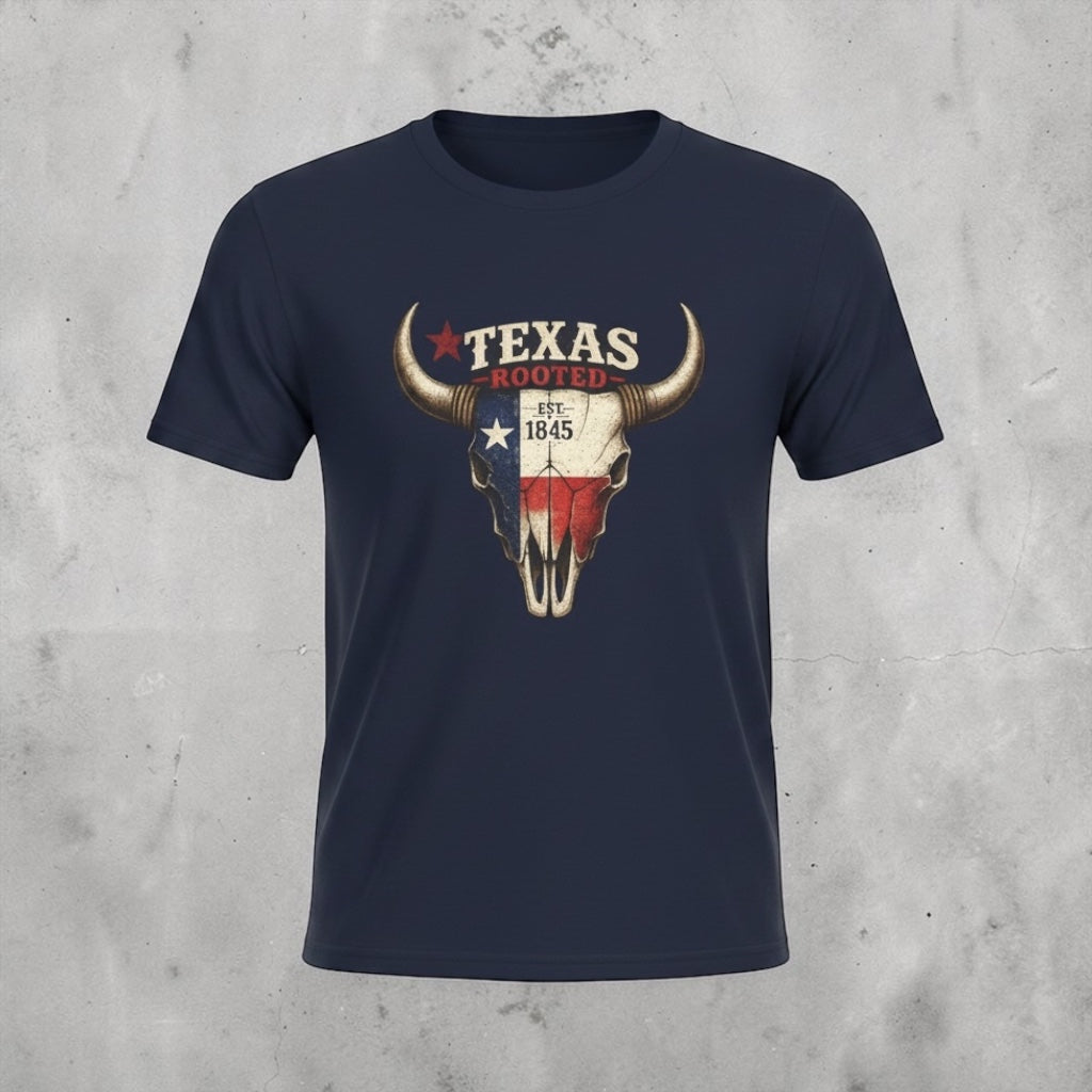 Unisex Texas Rooted Bull Skull T-Shirt with vintage Texas flag design by Big Sky Ranch Co.