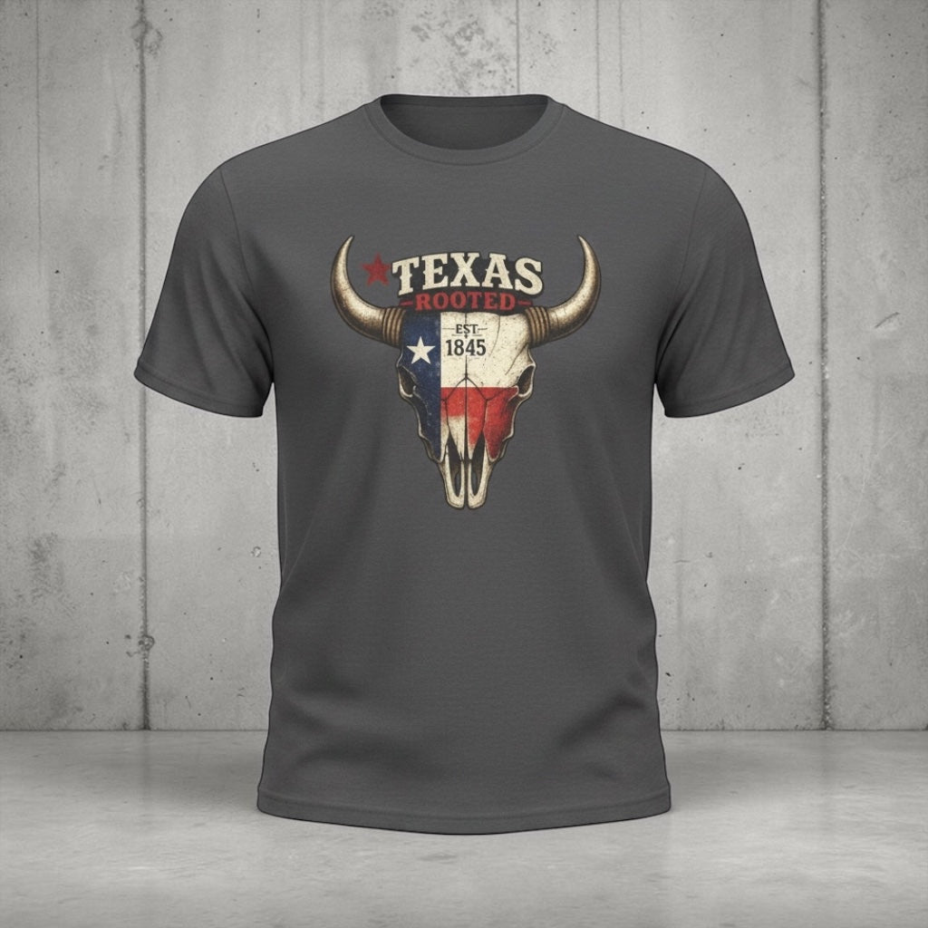 Unisex Texas Rooted Bull Skull T-Shirt featuring vintage Texas flag design by Big Sky Ranch Co.
