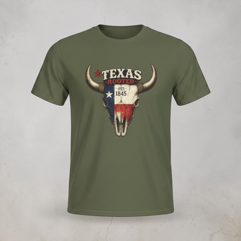 Unisex Texas Rooted Bull Skull T-Shirt featuring vintage Texas flag design by Big Sky Ranch Co.