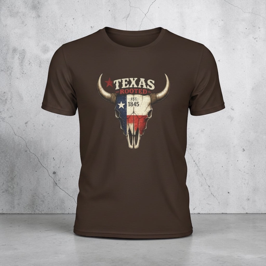 Unisex Texas Rooted Bull Skull T-Shirt featuring vintage Texas flag design by Big Sky Ranch Co.