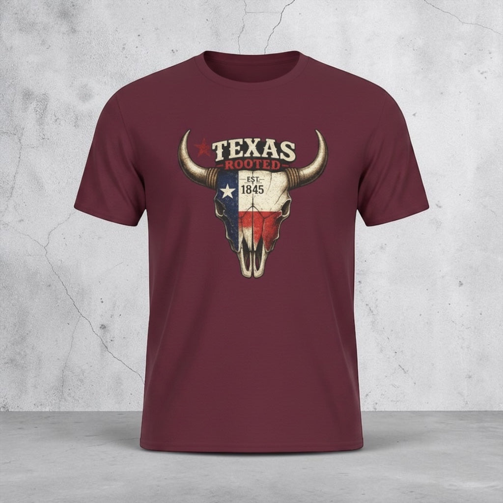 Unisex Texas Rooted Bull Skull T-Shirt featuring vintage Texas flag design, by Big Sky Ranch Co.