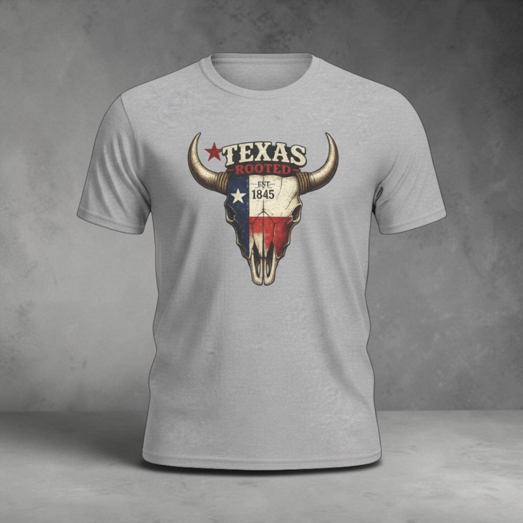 Unisex Texas Rooted Bull Skull T-Shirt featuring vintage Texas flag design by Big Sky Ranch Co.