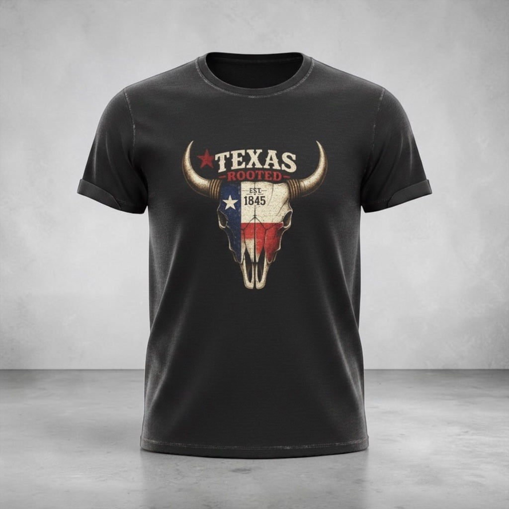 Unisex Texas Rooted Bull Skull T-Shirt by Big Sky Ranch Co., featuring vintage Texas flag design on soft cotton fabric.