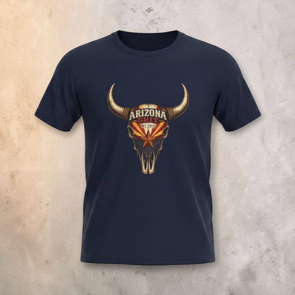 Unisex Arizona Grit Bull Skull vintage Western T-shirt by Big Sky Ranch Co. featuring a rugged bull skull graphic on soft fabric.