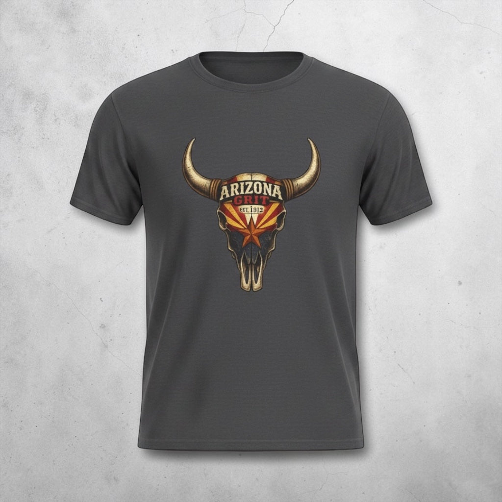 Unisex Arizona Grit Bull Skull T-Shirt by Big Sky Ranch Co. featuring vintage desert western design on soft fabric.