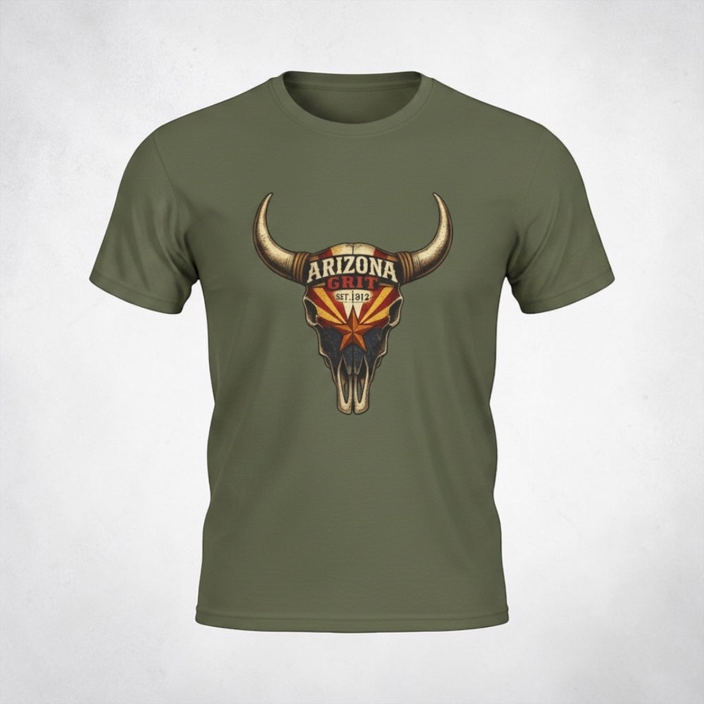 Arizona Grit Bull Skull unisex T-shirt by Big Sky Ranch Co., vintage desert western design, featuring a detailed bull skull graphic.