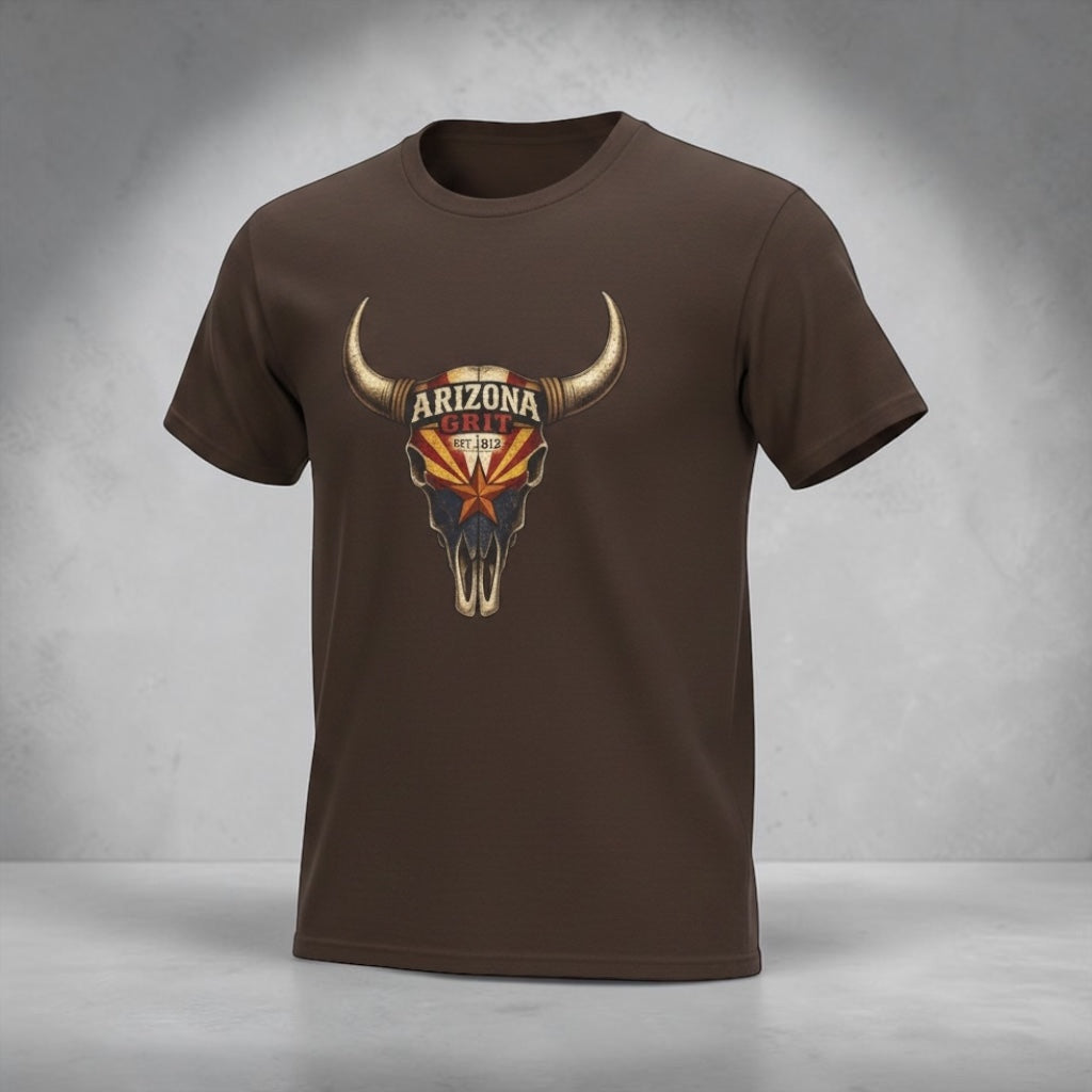 Unisex Arizona Grit Bull Skull T-shirt from Big Sky Ranch Co., vintage desert Western style, featuring a detailed bull skull graphic.